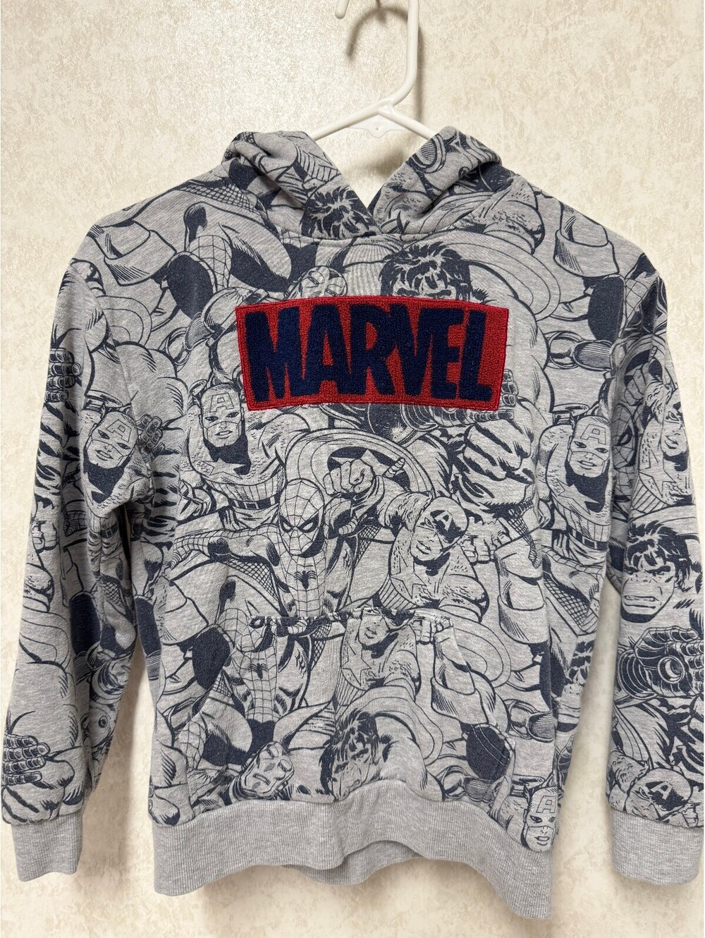 Marvel Kids M 12 Gray All Over Superhero Print Pullover Hoodie